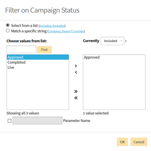 Filter modal with Approved value highlighted